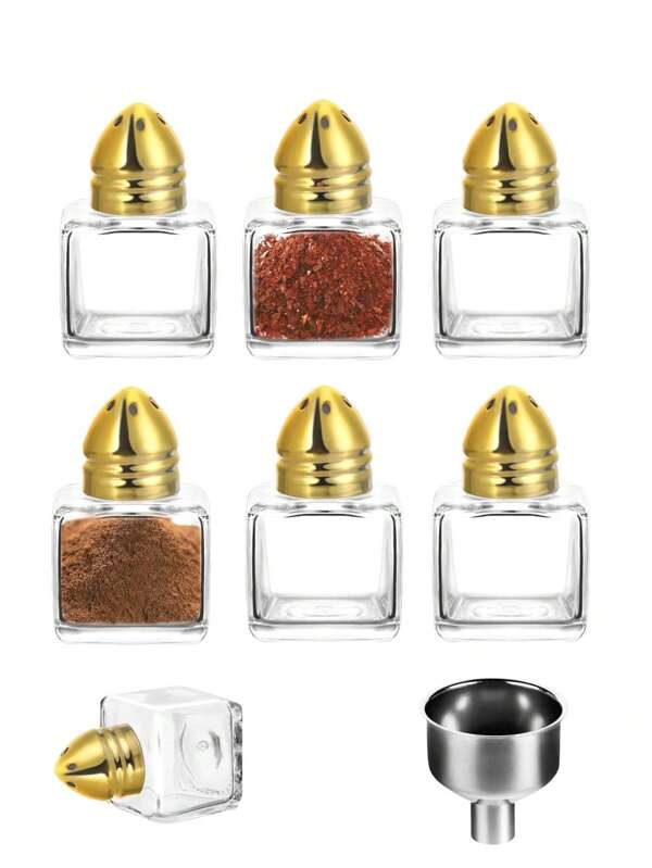 6pcs Mini 0.5oz Cubic Salt And Pepper Shakers, Mini Glass Spice Bottles Spice Salt Jars For Wedding Party Home Restaurant Kitchen (With Funnel)Christmas Gift