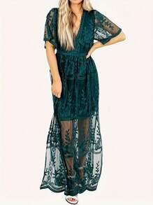 MERMAID'S CLOSET Women's Casual V-Neck Lace Long Bohemian Bridesmaid Wedding Evening Gowns Split, Full Floral Lace, High Waist, Hollow Out Simple And Generous Dark Green