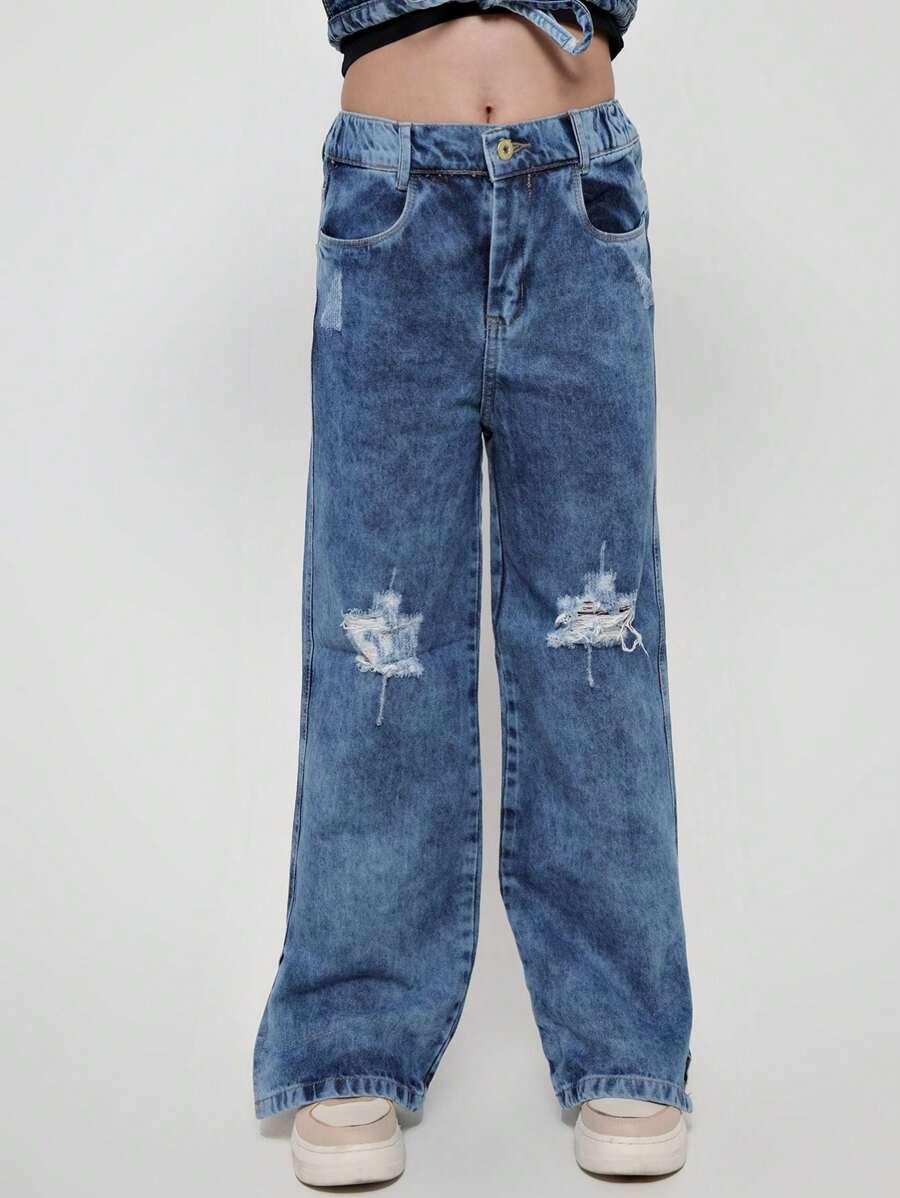 Girls Wide Leg Jeans - 中等水洗藍 - 查看 1