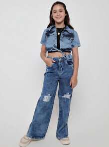 Girls Wide Leg Jeans - 中等水洗藍 - 查看 5