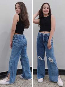Girls Wide Leg Jeans - 中等水洗藍 - 查看 3
