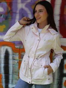 Women's Trench Coat Jacket Windbreaker Waterproof With Detachable Hood - Pink - View 4