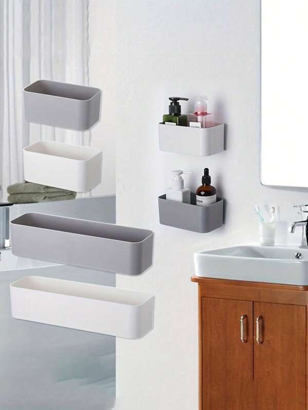 1pc/2Pcs Simple Storage Box Wall Mounted, Punch Free & Adhesive, Non-Trace, Organizer For Bathroom Toiletry, Living Room Remote Sundries Holder, Gray/ White