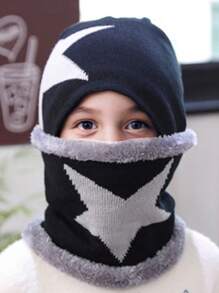 1 套儿童 3-8 岁冬季毛绒内衬保暖护耳针织帽和围巾套装 - 1sets - 查看 3