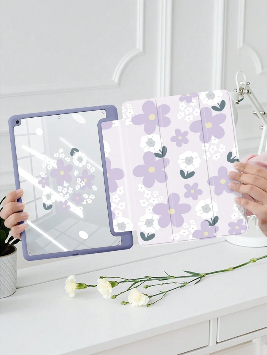 1pc Purple Star Flower Print, New Upgraded Dual-Sided Printing, Colorful Acrylic Transparent Crystal Back Cover Protector Case, Compatible With IPad 10.2-Inch, IPad Pro 11 2021/2020/10th Gen, IPad Mini 6, IPad 5th Gen (9.7-Inch), IPad Air 5th Gen 2022, With Pencil Slot, Anti-Drop, Support Auto Sleep/Wake - Multicolor - View 1