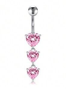CIZME 1PC Belly Button Ring Dangle Navel Belly Piercing Jewelry Cute Pink CZ Heart Bow Flower Navel Belly Rings For Women 14G Silver Stainless Steel Dainty Dangly Dangling Belly Button Piercing - Pink - View 7