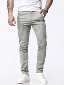 Pantalones casuales simples con bolsillo en diagonal para hombres, otoño - Caqui - Ver 6