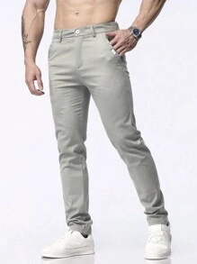Pantalones casuales simples con bolsillo en diagonal para hombres, otoño - Caqui - Ver 4