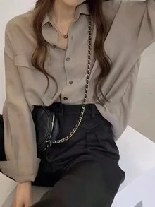 Áo sơ mi dài tay thường ngày dáng dài vừa phải phong cách Hồng Kông cổ điển dành cho nữ - Xám - Xem 2