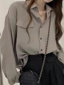 Áo sơ mi dài tay thường ngày dáng dài vừa phải phong cách Hồng Kông cổ điển dành cho nữ - Xám - Xem 3