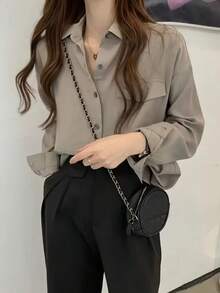 Áo sơ mi dài tay thường ngày dáng dài vừa phải phong cách Hồng Kông cổ điển dành cho nữ - Xám - Xem 4