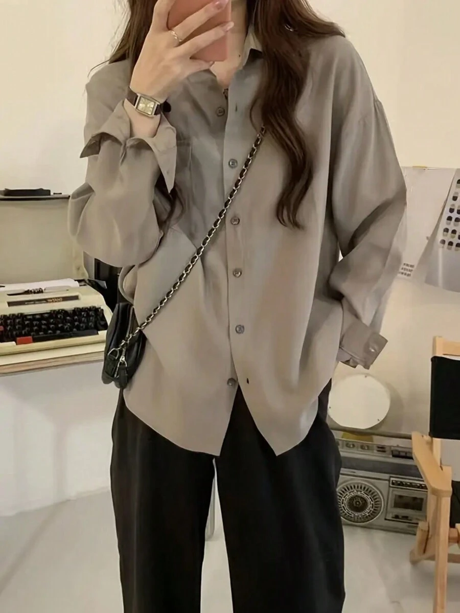 Áo sơ mi dài tay thường ngày dáng dài vừa phải phong cách Hồng Kông cổ điển dành cho nữ - Xám - Xem 1