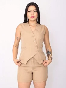 Women's Vest And Shorts Set In Luís Twill Fabric - 米色 - 查看 2