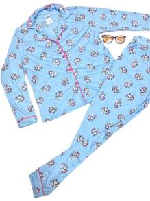 Women's American Cold Weather Pajamas Blogger Set Long Sleeve Shirt And Pants Premium Buttons Winter Front Opening - 淺藍色 - 查看 3