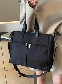 low tea 1 件女士纯色尼龙面料手提包，休闲学院风，大容量书包，拉链封口，多个口袋，双手柄，适合青少年、大学生、办公室女士、旅行、购物、约会、礼物 - 黑色 - 查看 1