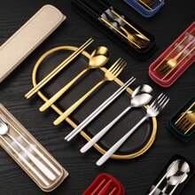 Thép không gỉ Hàn Quốc Bộ dao kéo , 2 Miếng Cái thìa Đũa Bộ Hoặc 3pcs Cái thìa Bộ Đối với Sinh viên , Với Có thể mang đi Hộp trữ , In A Qủa tặng Bộ Là , Gương Đánh bóng , Một miếng Đúc , Và Dễ Đến Lau sạch Với Thép không gỉ Chất liệu Và Nhiều Chế tạo Của Thép không gỉ 304 , Là Thuận tiện Và Thực tế Đến - Bạch kim - Xem 5