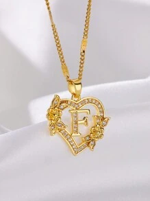 1 Pc Fashion Zirconia Flower Initial Heart Pendant Necklaces For Women Gold Color Stainless Steel Letter Chain Wedding Jewelry Gifts Valentines,Mom,Mother,Mother's Day,Gift
