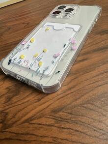1pc Transparent Shock-Proof Card Holder Phone Case With Yellow Ditsy Floral, Compatible With IPhone 7/8/7p/8p/X/Xs/Xr/Xsmax/11/11pro/11promax/12/12pro/12promax/12MINI/13/13pro/13promax/13MINI/14/14pro/14plus/14promax/15/15pro/15plus/15promax - Multicolor - View 3