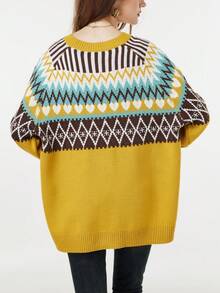 Plus Size Geometric Pattern Long Sleeve Cardigan, Casual For Autumn/Winter - Yellow - View 7