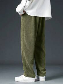 Pantalones rectos sueltos de pana, pantalones deportivos casuales de unicolor para hombres, todo a juego - Verde - Ver 2