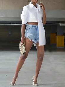 Áo sơ mi nữ dài tay màu trơn, cài cúc bất đối xứng, tay dài, màu trắng, kiểu dáng thường ngày, thích hợp cho mùa xuân. - trắng - Xem 3