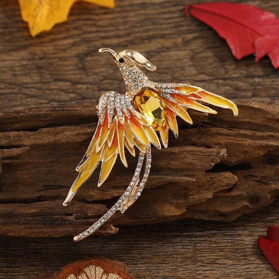 1 PC New Imitation Enamel Phoenix Brooch Retro Chinese Feng Shui Diamond Vermilion Bird Chest Flower Cheongsam Accessory Pin - Pink - View 1