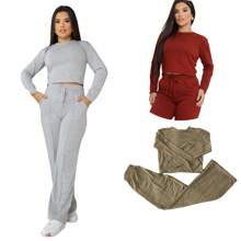 KIT 3 Conjunto lanzinha feminino de frio 2 peças de calça pantalona e blusa manga longa - Bege - Visão 1