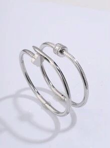 2pcs Simple Stainless Steel Bangles, Suitable For Women Daily Wear - Silver - View 8