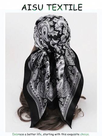 1 pieza Pañuelo para la cabeza de mujer de 90CM con estampado Paisley de seda simulada, pañuelo cuadrado de gran tamaño, venda para el cabello, ideal para vestir y realzar tu look