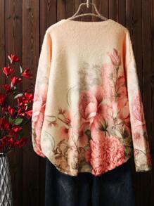 大码女款大码芝麻提花图案印花圆领长袖休闲针织毛衣