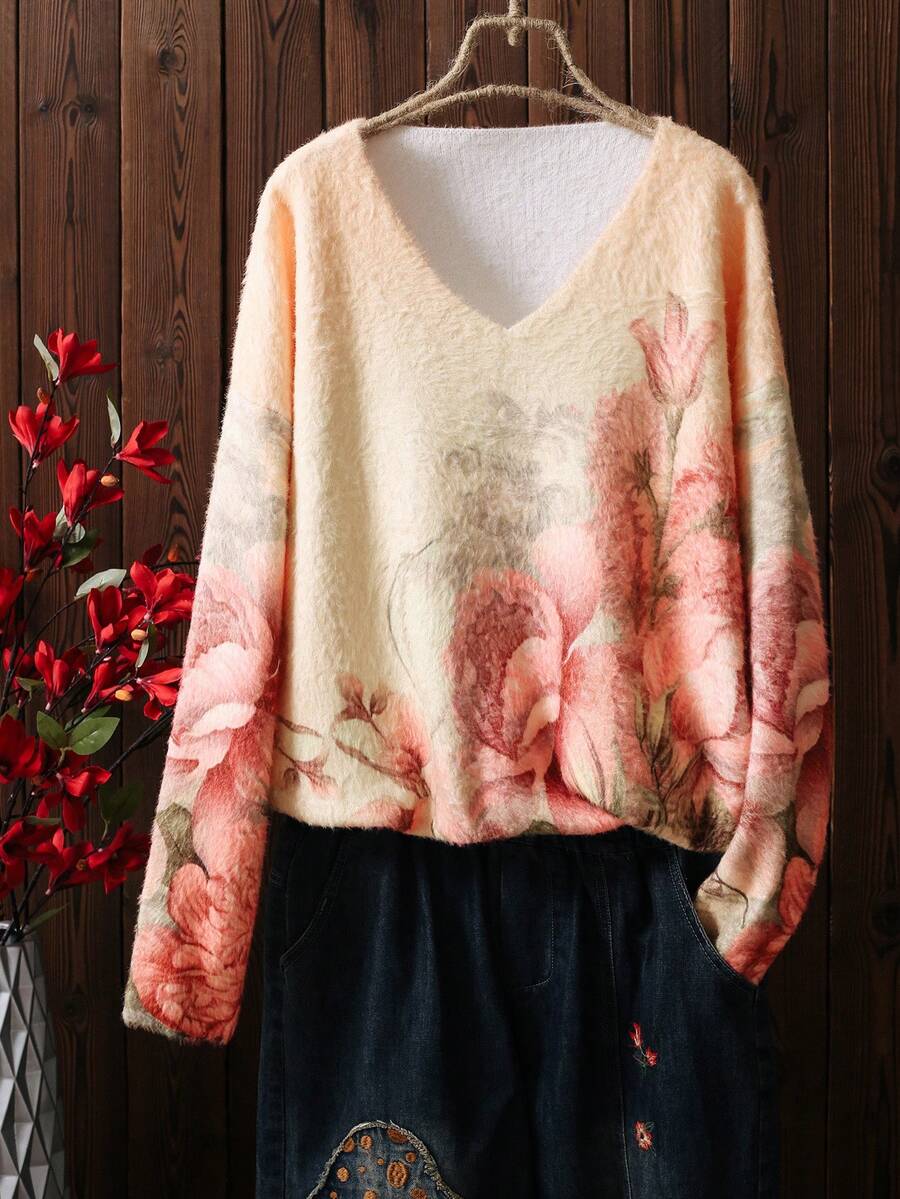 大码女款大码芝麻提花图案印花圆领长袖休闲针织毛衣