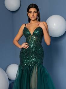 Vestido sirena de escote profundo en V con tirantes finos para fiesta de graduación, elegante vestido de noche formal para invitada de boda, cena o evento especial - Verde - Ver 8