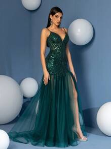 Vestido sirena de escote profundo en V con tirantes finos para fiesta de graduación, elegante vestido de noche formal para invitada de boda, cena o evento especial - Verde - Ver 7