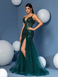 Vestido sirena de escote profundo en V con tirantes finos para fiesta de graduación, elegante vestido de noche formal para invitada de boda, cena o evento especial - Verde - Ver 4