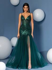 Vestido sirena de escote profundo en V con tirantes finos para fiesta de graduación, elegante vestido de noche formal para invitada de boda, cena o evento especial - Verde - Ver 6