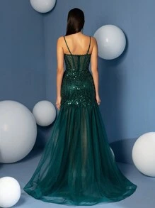 Vestido sirena de escote profundo en V con tirantes finos para fiesta de graduación, elegante vestido de noche formal para invitada de boda, cena o evento especial - Verde - Ver 3