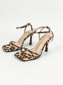 Qin TiNian 女士高跟凉鞋，新款春夏露趾豹纹手工高跟鞋 9CM 踝带派对婚鞋（随机不对称印花鞋面）