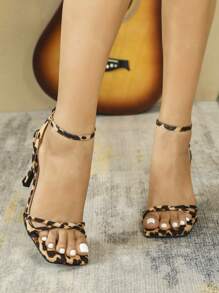 Qin TiNian 女士高跟凉鞋，新款春夏露趾豹纹手工高跟鞋 9CM 踝带派对婚鞋（随机不对称印花鞋面）