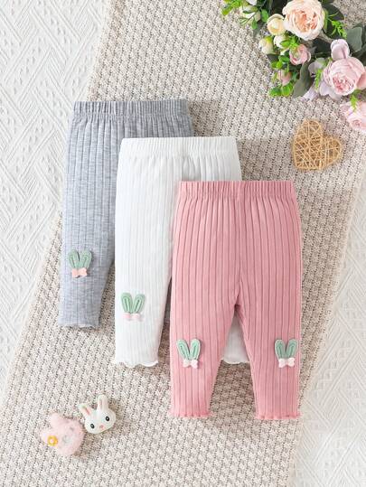 3pcs/Set Baby Girl Cartoon Bunny Ear Decor Ribbed Pants Set