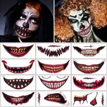 12 张万圣节嘴巴纹身贴纸，万圣节恶作剧化妆临时纹身纸恐怖唇大嘴巴脸部纹身适合成人女性男性小丑角色扮演万圣节化妆恶作剧道具 - 紅色 - 查看 2