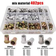 1 Box 70/205/402pcs Flat Head Insert Rivet Nut Rivnut Mix M3 M4 M5 M6 M8 Set Assortment Kit 304 A2-70 Stainless Steel Carbon Steel Aluminum