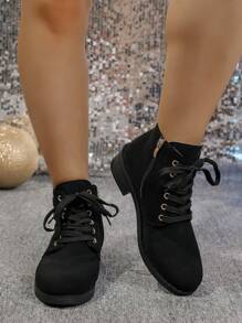 女士秋冬新款黑色系带侧拉链奢华时尚百搭机车靴，欧美复古风格粗跟低跟，适合度假和返校季节踝靴和短靴，女靴 - 黑色 - 查看 2