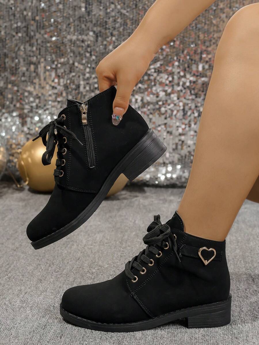 女士秋冬新款黑色系带侧拉链奢华时尚百搭机车靴，欧美复古风格粗跟低跟，适合度假和返校季节踝靴和短靴，女靴 - 黑色 - 查看 1