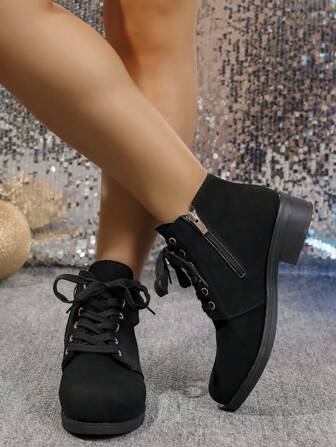Women's Autumn Winter New Black Lace-Up Side Zipper Luxurious Fashion Versatile Motorcycle Boots, European And American Retro Style Chunky Heel Low Heel, Suitable For Vacation And Back To School Season Ankle Boots And Short Boots,Boots For Women