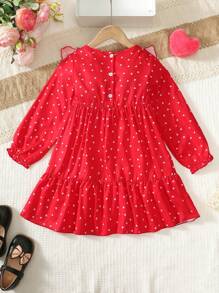 Girls Fashion Dress, Long Sleeve Allover Heart Print Ruffle Hem Dress