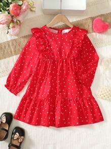 Girls Fashion Dress, Long Sleeve Allover Heart Print Ruffle Hem Dress