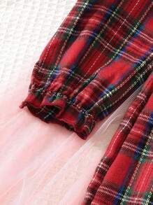 年轻女孩长袖彼得潘领撞色纽扣衬衫裙、休闲格子裙、冬季日常装 - 紅色 - 查看 5