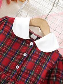 年轻女孩长袖彼得潘领撞色纽扣衬衫裙、休闲格子裙、冬季日常装 - 紅色 - 查看 4