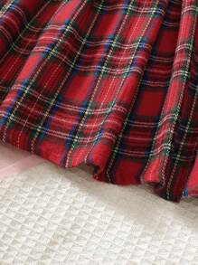 年轻女孩长袖彼得潘领撞色纽扣衬衫裙、休闲格子裙、冬季日常装 - 紅色 - 查看 7