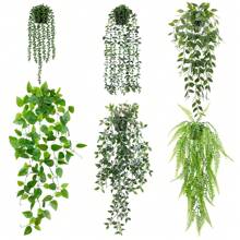 4pcs Artificial Hanging Plants, Potted Green Faux Grass & Ferns Plant, Fake Succulent Plant Hangers, Mandala Vine, Ivy For Wall Shelf, Home, Yard, Garden, Indoors And Outdoors Decoration, Valentine Day, Gift Gifts Birthday Graduation